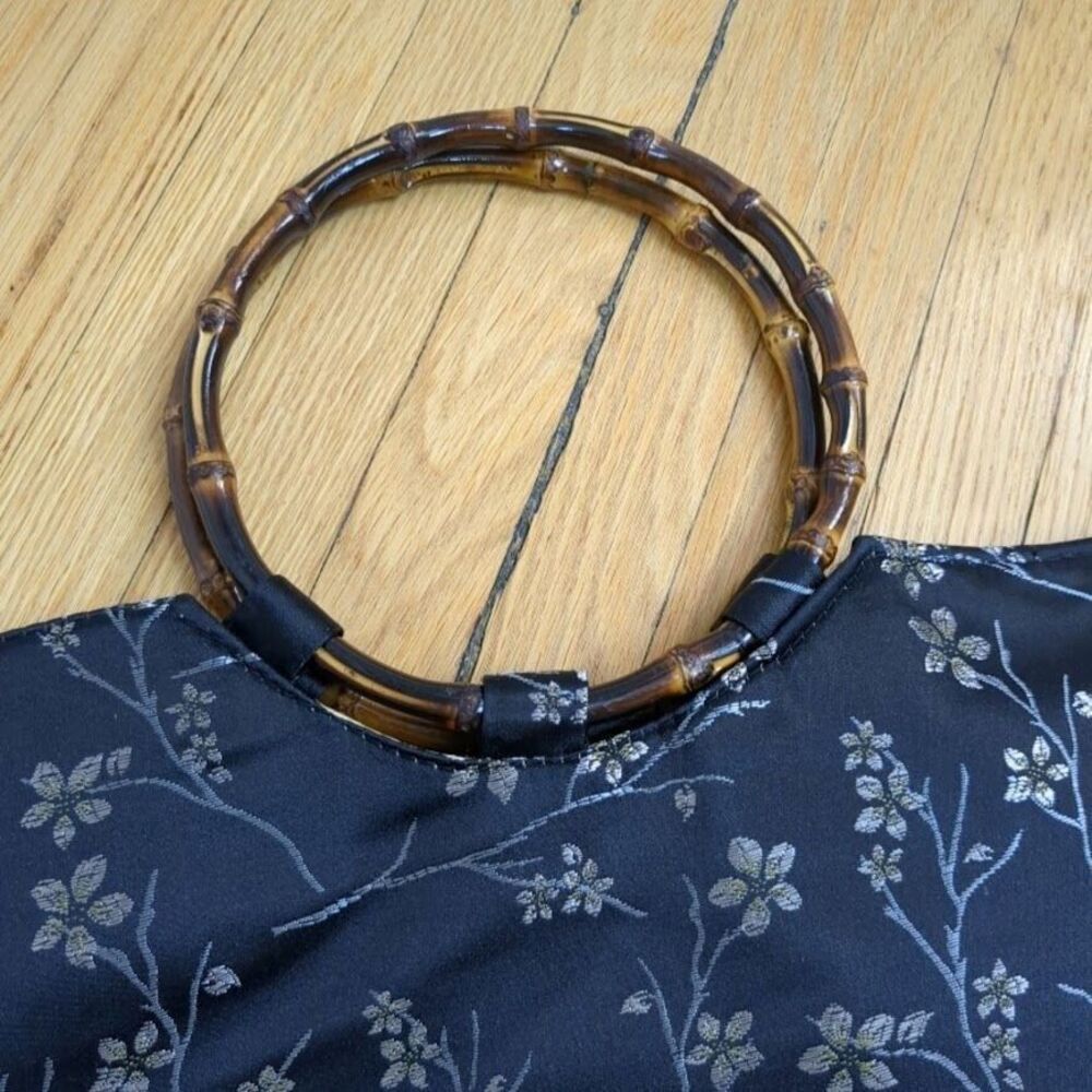 Vintage 90s Purse Asian Floral Embroidery Satin Black Silver Bamboo Handle - Picture 2 of 4